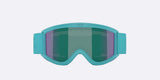 Pixie-Bliz ski goggles in matte turquoise with a mirrored green lens and a matching turquoise strap, shown on a light gray background.
