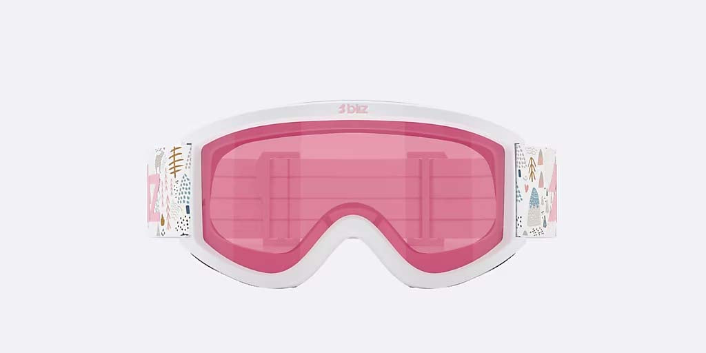 Pixie-Bliz ski goggles in matte white with a mirrored pink lens and a matching white strap, shown on a light gray background.