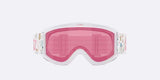 Pixie-Bliz ski goggles in matte white with a mirrored pink lens and a matching white strap, shown on a light gray background.