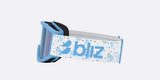 Pixie-Bliz ski goggles in matte blue with a mirrored blue lens and a matching blue strap, shown on a light gray background.