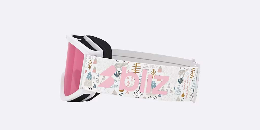 Pixie-Bliz ski goggles in matte white with a mirrored pink lens and a matching white strap, shown on a light gray background.