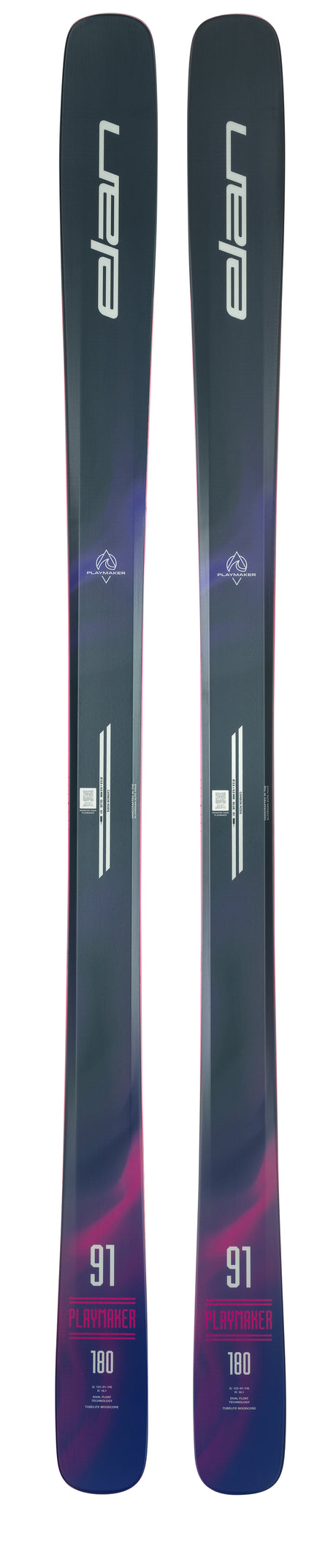 Playmaker91-A pair of Elan Playmaker 91 adult skis for the year 2026, featuring a twin tip design with a predominantly gray top surface and black and purple detailing.