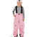 PlutoIIKidsPant-A young child wearing pink snow pants with black suspenders, a gray long-sleeve shirt, a light pink beanie, and black boots, standing against a plain white background.