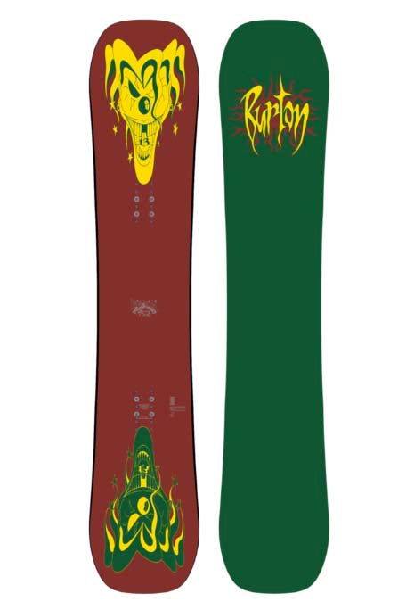 PrettyGoodCompanyCamberSnowboard-Two views of a snowboard deck, one red and one green, with Burton logo and design on a white background.