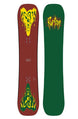 PrettyGoodCompanyCamberSnowboard-Two views of a snowboard deck, one red and one green, with Burton logo and design on a white background.