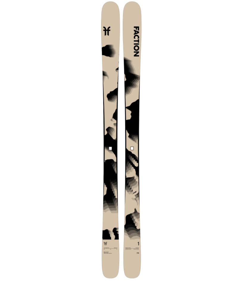 Prodigy1-Two Faction skis with a camouflage pattern on a white background