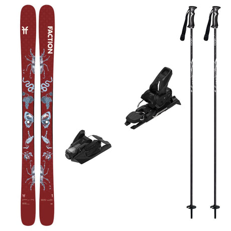 Prodigy1Capsulew_Strive12-A ski bundle featuring a pair of red Faction skis with white and gray graphics, two black ski bindings, and two black ski poles with white graphics, all arranged on a plain white background.