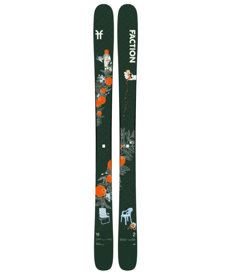 Prodigy2Capsule- Two green Faction skis with artistic designs on a white background