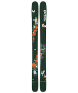 Prodigy2Capsule- Two green Faction skis with artistic designs on a white background
