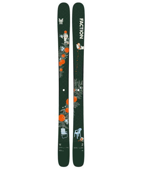 Prodigy2Capsule- Two green Faction skis with artistic designs on a white background