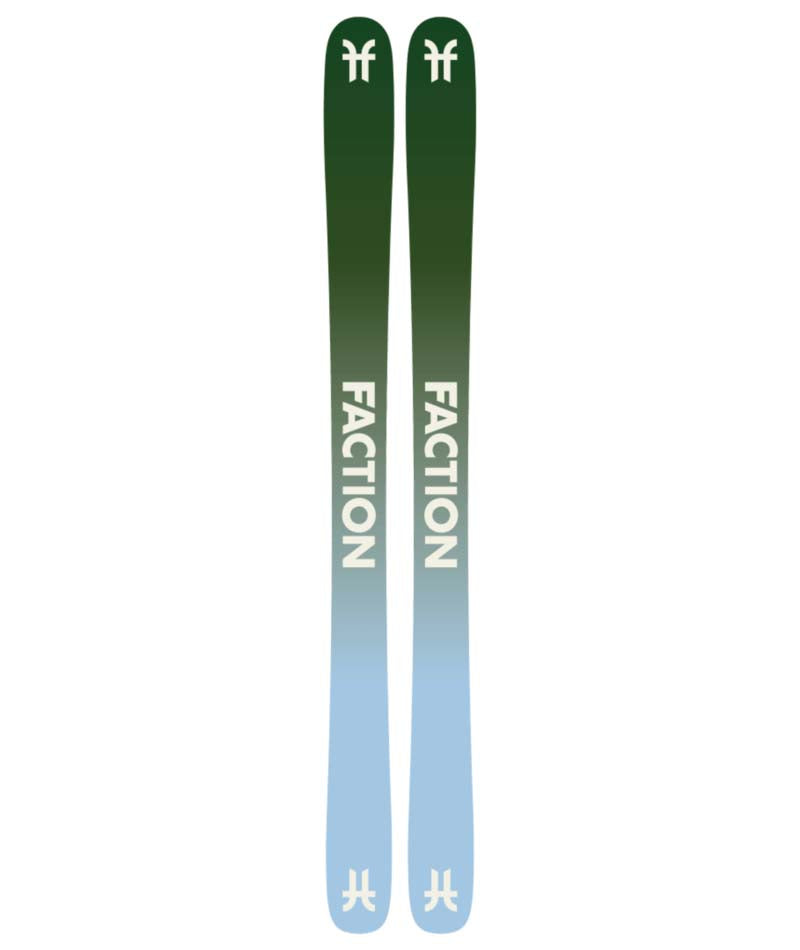 Prodigy2Capsule- Two green Faction skis with artistic designs on a white background