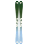 Prodigy2Capsule- Two green Faction skis with artistic designs on a white background