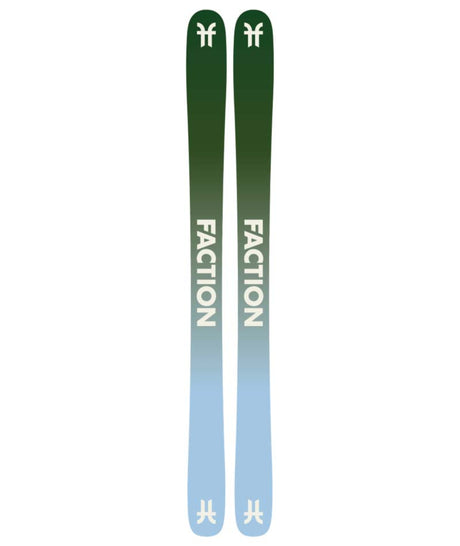 Prodigy2Capsule- Two green Faction skis with artistic designs on a white background