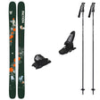 Prodigy2Capsulew_Griffon13-A ski bundle featuring a pair of dark green Faction skis with orange floral graphics, black ski bindings, and two black ski poles on a plain white background.