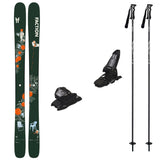 Prodigy2Capsulew_Griffon13-A ski bundle featuring a pair of dark green Faction skis with orange floral graphics, black ski bindings, and two black ski poles on a plain white background.