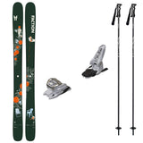 Prodigy2Capsulew_Griffon13-A ski bundle featuring a pair of dark green Faction skis with orange floral graphics, white ski bindings, and two black ski poles on a plain white background.