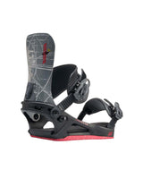 Program- Grey, black, and red snowboard bindings on a white background