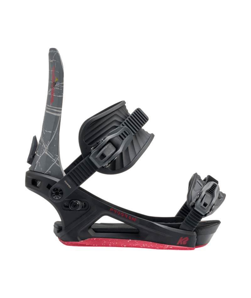 Program- Grey, black, and red snowboard bindings on a white background