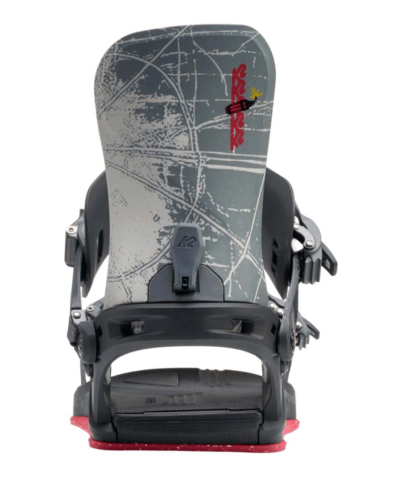 Program- Grey, black, and red snowboard bindings on a white background