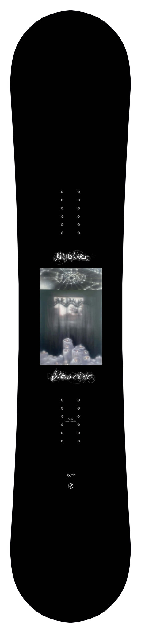 PublicDisorder-Black snowboard with a graphic design on a white background