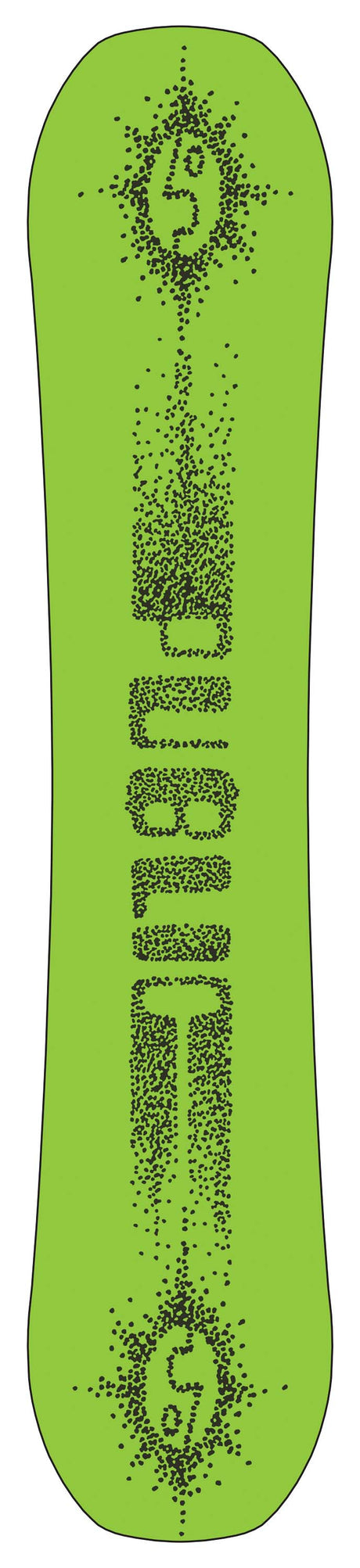 PublicDisplay-A bright lime green snowboard shown from the base side, featuring a black dotted vertical 'PUBLIC' logo and circular 'Public' graphics near the top and bottom.
