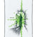 PublicDisplay-A white snowboard with green and black graphic designs, including a stylized face graphic and green spray-paint style accents.