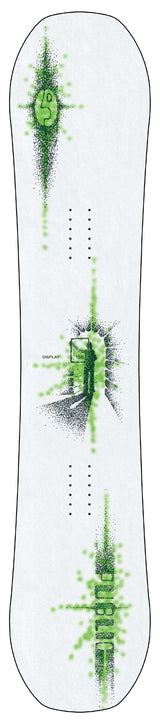 PublicDisplay-A white snowboard with green and black graphic designs, including a stylized face graphic and green spray-paint style accents.