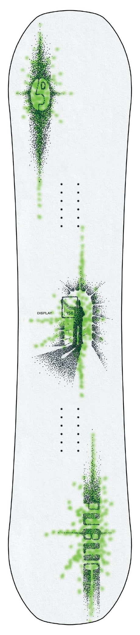 PublicDisplay-A white snowboard with green and black graphic designs, including a stylized face graphic and green spray-paint style accents.