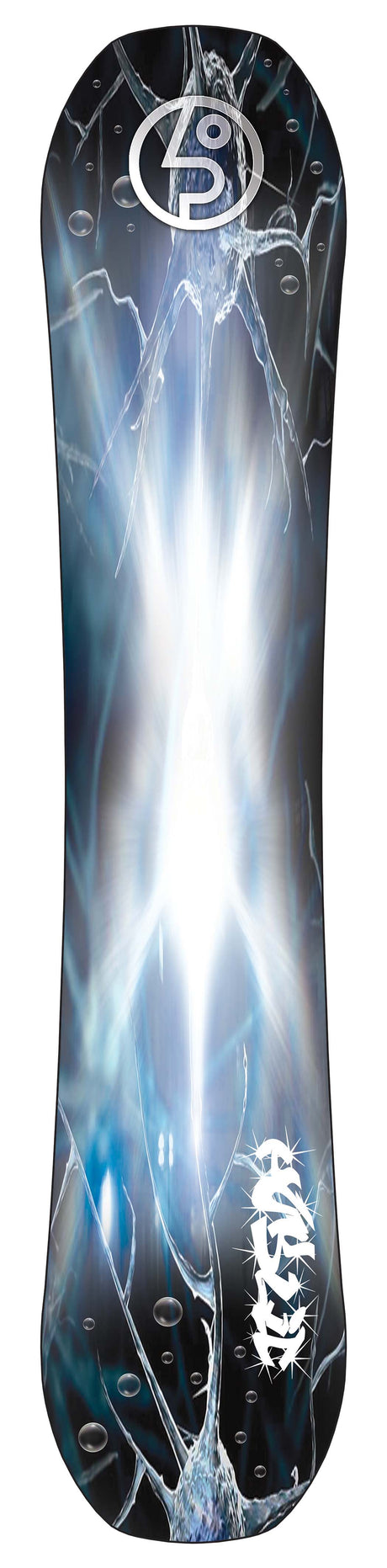 PublicDispute-A snowboard with a dark, icy graphic design featuring blue and white lightning effects, a circular 'Public' logo at the top, and stylized text at the bottom.