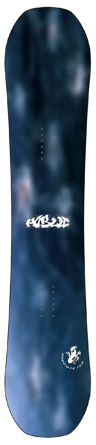 PublicDispute-A snowboard topsheet, featuring a dark blue and black mottled pattern with a white stylized logo in the center and a small white graphic near the bottom.