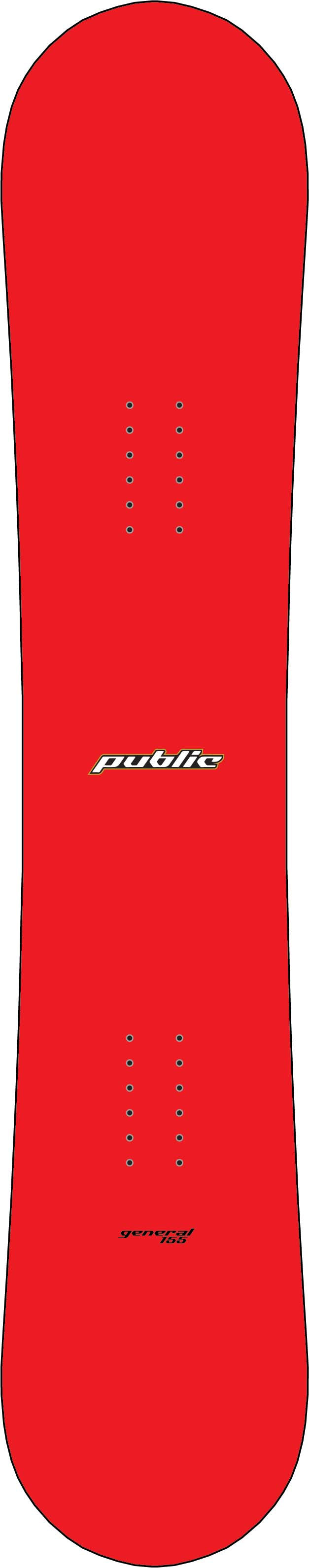 PublicGeneral-A bright red snowboard shown from the top deck view, featuring the 'public' brand logo in white near the center. This topsheet and base are the 143cm and 155cm colorway.