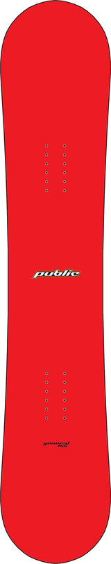 PublicGeneral-A bright red snowboard shown from the top deck view, featuring the 'public' brand logo in white near the center. This topsheet and base are the 143cm and 155cm colorway.