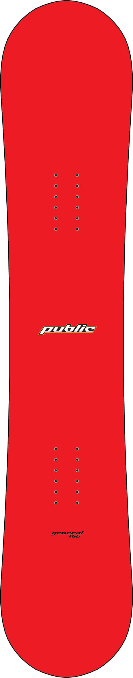 PublicGeneral-A bright red snowboard shown from the top deck view, featuring the 'public' brand logo in white near the center. This topsheet and base are the 143cm and 155cm colorway.