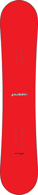 PublicGeneral-A bright red snowboard shown from the top deck view, featuring the 'public' brand logo in white near the center. This topsheet and base are the 143cm and 155cm colorway.