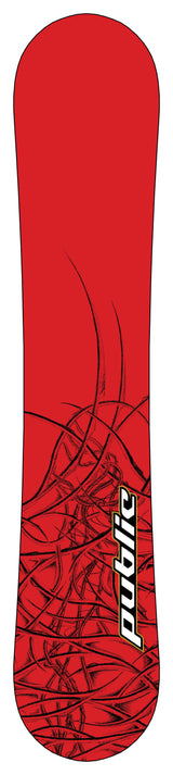 PublicGeneral-A bright red snowboard shown from the top deck view, featuring the 'public' brand logo in white near the center. This topsheet and base are the 143cm and 155cm colorway.