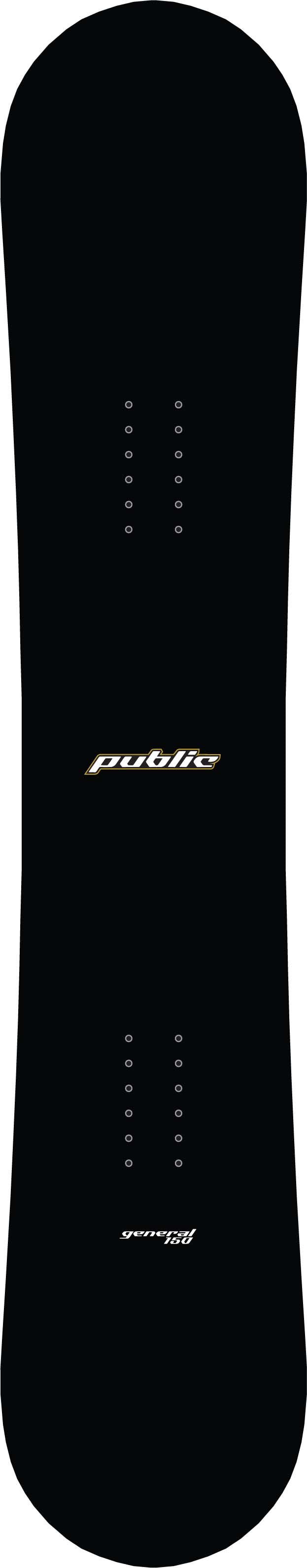 PublicGeneral-A black snowboard shown from the top side, featuring the 'public' brand name printed in white near the center and additional white text near the bottom. This topsheet and base are the 147cm, 150cm, and 153cm colorway.