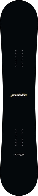 PublicGeneral-A black snowboard shown from the top side, featuring the 'public' brand name printed in white near the center and additional white text near the bottom. This topsheet and base are the 147cm, 150cm, and 153cm colorway.