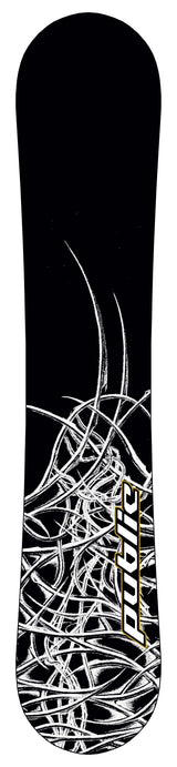 PublicGeneral-A black snowboard shown from the top side, featuring the 'public' brand name printed in white near the center and additional white text near the bottom. This topsheet and base are the 147cm, 150cm, and 153cm colorway.