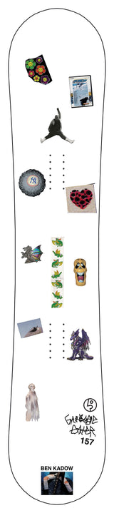 PublicGuestGeneral-Snowboard topsheet with various stickers and graphics on a white background