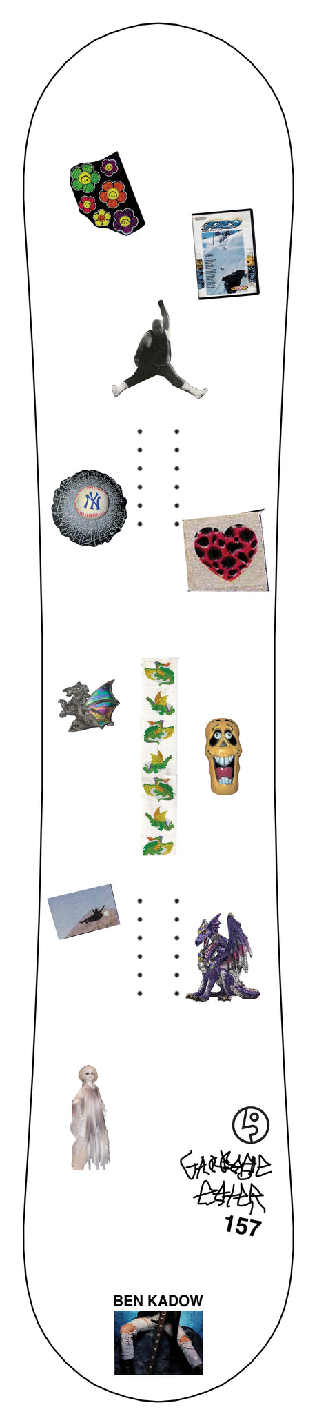 PublicGuestGeneral-Snowboard topsheet with various stickers and graphics on a white background