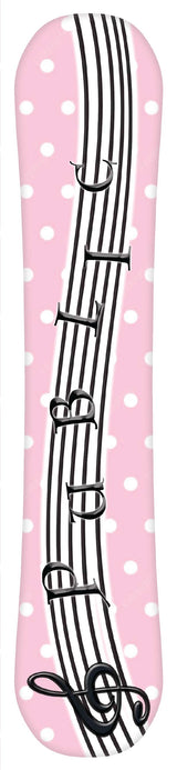 PublicJibgurl-Snowboard base with musical notes design on a pink background with white polka dots