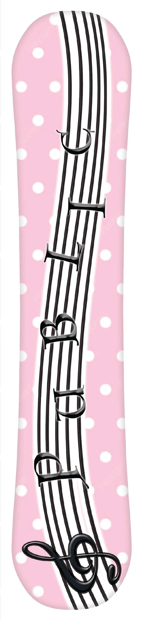PublicJibgurl-Snowboard base with musical notes design on a pink background with white polka dots