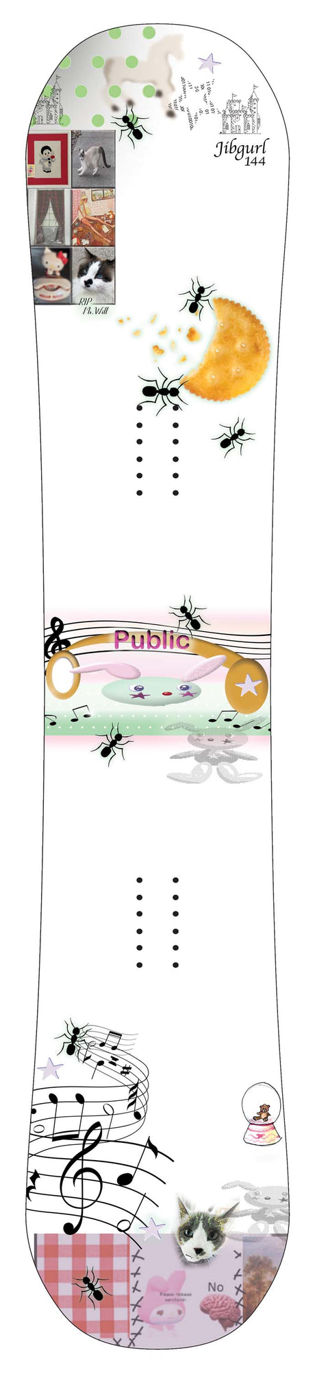 PublicJibgurl-A snowboard with a highly decorated, whimsical collage design featuring musical notes, bees, a crescent moon, a cat, and a collage of small photos on a white base.