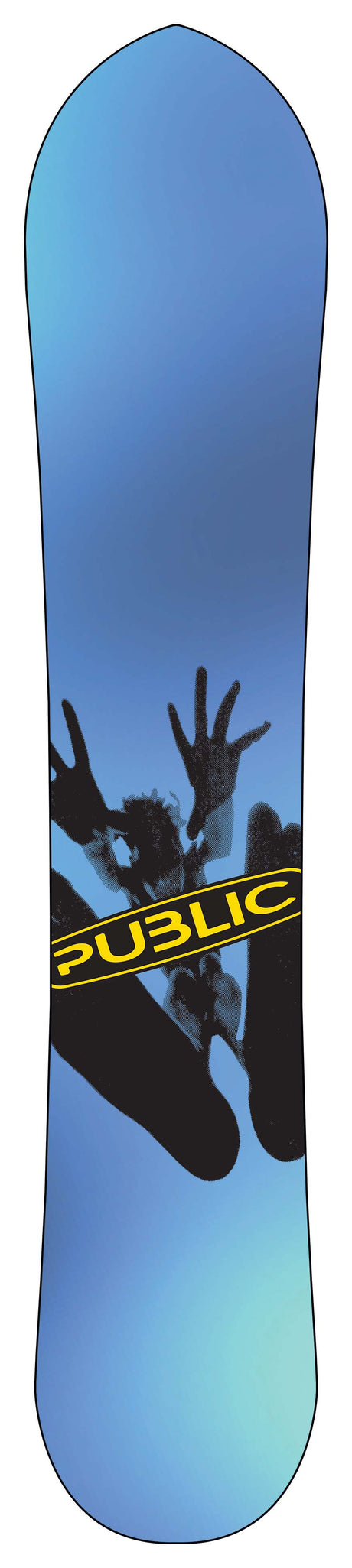 PublicOutreach- Blue snowboard base shown with 'Public' branding and silhouette design on a white background.