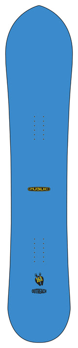 PublicOutreach- A blue snowboard topsheet against a white background, featuring the 'Public' brand logo in yellow and black near the tail.