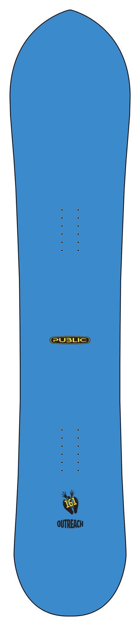 PublicOutreach- A blue snowboard topsheet against a white background, featuring the 'Public' brand logo in yellow and black near the tail.