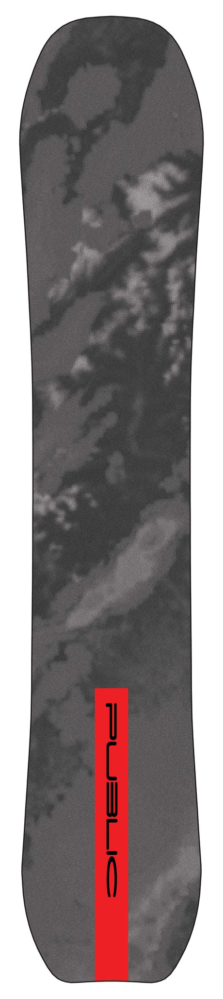 PublicResearch- A dark gray snowboard base with a black and gray abstract camouflage pattern and a bright red vertical stripe on the bottom edge featuring the brand name 'PUBLIC'.