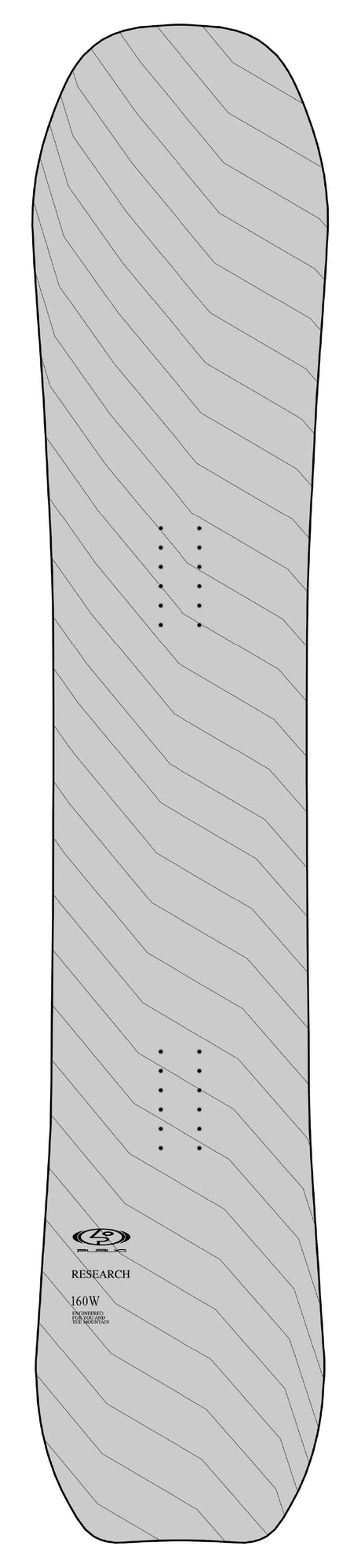 PublicResearch-A light gray snowboard topsheet shown, featuring a subtle wavy line pattern and small printed branding near the tail.