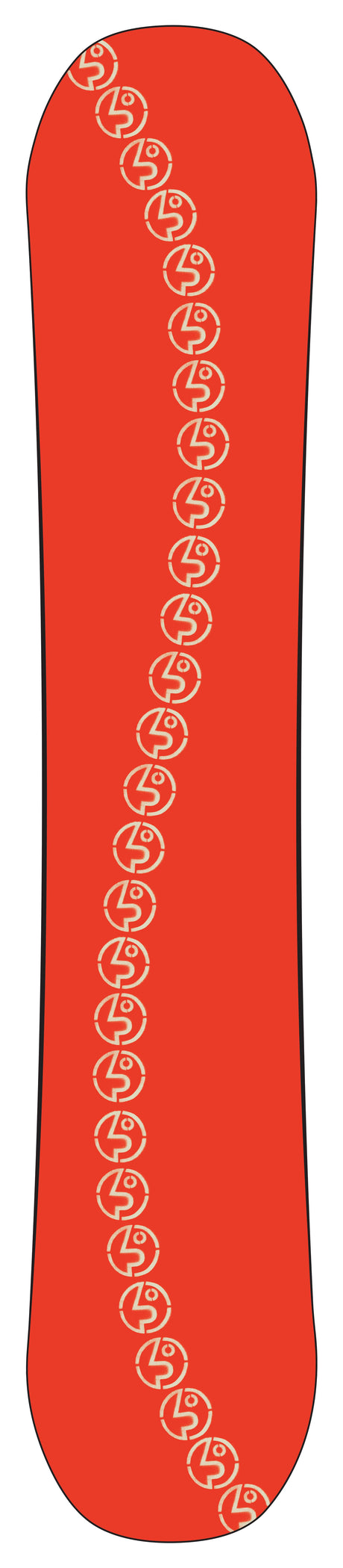 PublicStatement- A red snowboard base of the 150cm with a vertical white pattern of stylized in a 'S' shape of the circular 'Public' logo, shown against a plain white background.