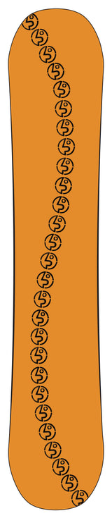 PublicStatement- A orange snowboard base of the 157cm with a vertical black pattern of stylized in a 'S' shape of the circular 'Public' logo, shown against a plain white background.